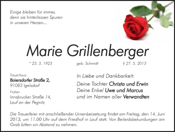 Traueranzeige von Marie Grillenberger von Pegnitz-Zeitung